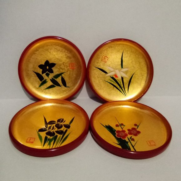 Vintage Mid-Century Wood Lacquerware Gold Gilt Bowls Signed